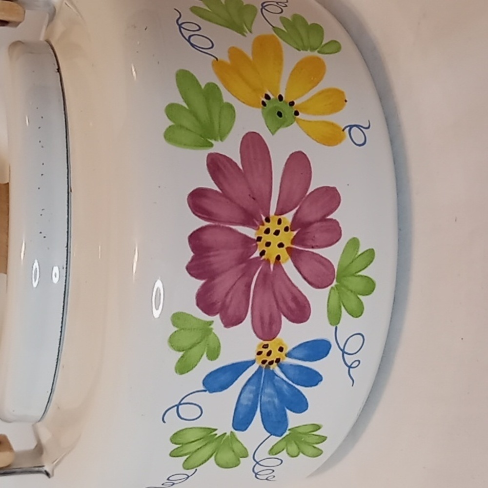 Vintage Floral MCM White Enamel And Wood Teapot/Kettle - Picture 5 of 12